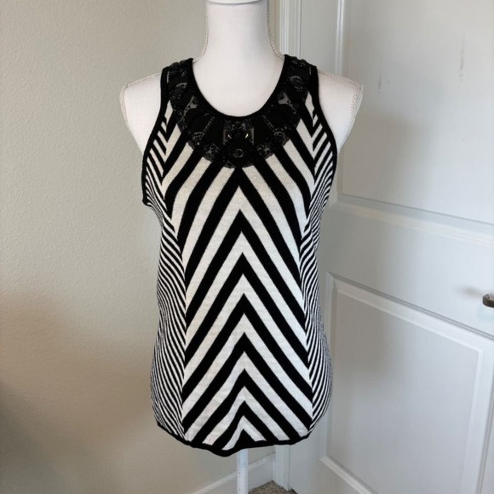 Cache Womens Black White Chevron Knit Tank Top Embellished Lace Neck Size M